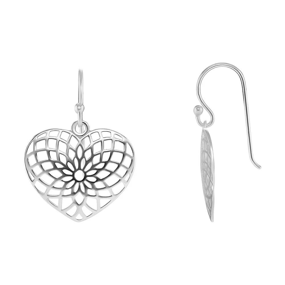 PRIMROSE Sterling Silver Polished Filigree Heart Drop Earrings, Women's, Silver Tone Product Image