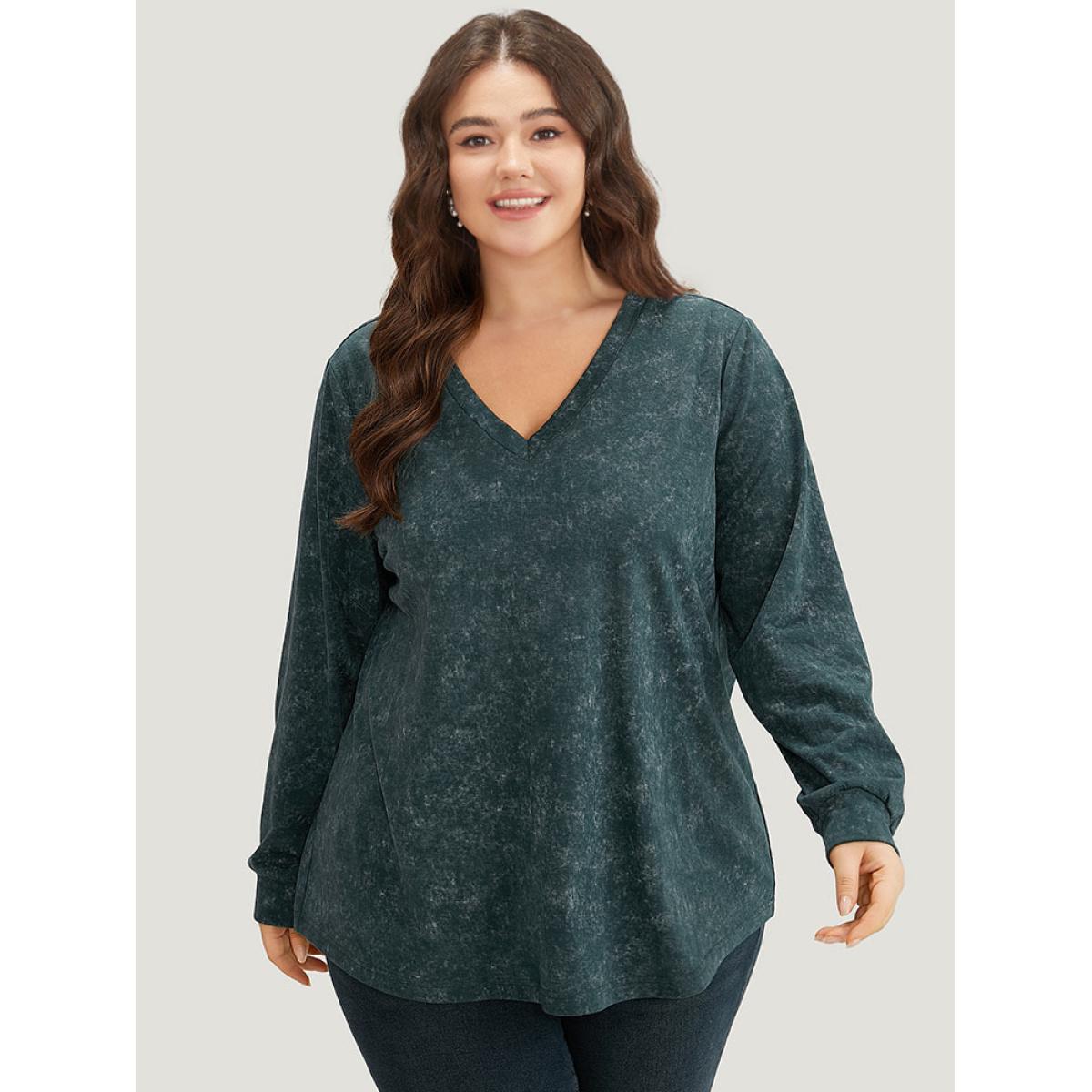 Plus Size Solid Vintage V Neck Sweatshirt Women Cyan Casual Plain V-neck Dailywear Sweatshirts BloomChic 12/L Product Image