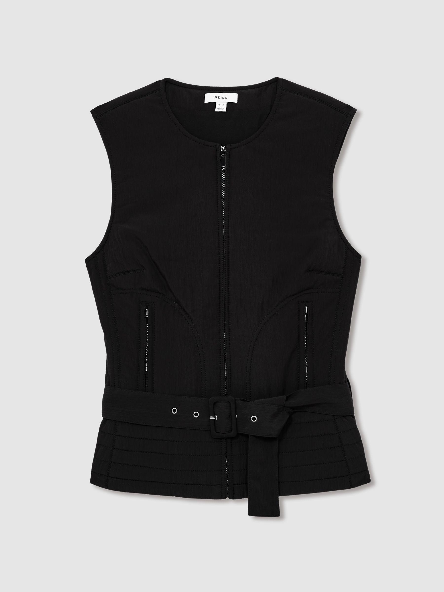 Quilted Zip-Through Belted Vest in Black Product Image