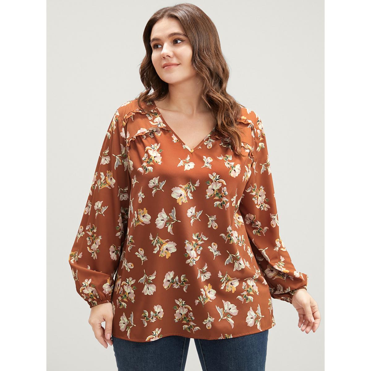 Plus Size Bronze Floral V Neck Ruffles Trim Lantern Sleeve Blouse Women Elegant Long Sleeve V-neck Dailywear Blouses BloomChic 30/6X Product Image