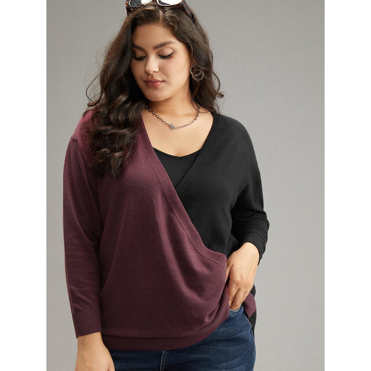 Plus Size Supersoft Essentials Colorblock Surplice Neck Elastic Hem Pullover Burgundy Women Casual Loose Long Sleeve V-neck Everyday Pullovers BloomChic 14-16/1X Product Image