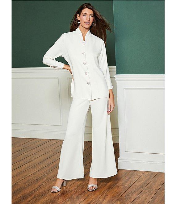 Caroline Rose Matte Crepe Mandarin Collar 3/4 Sleeve Black Rhinestone Button Jacket Product Image