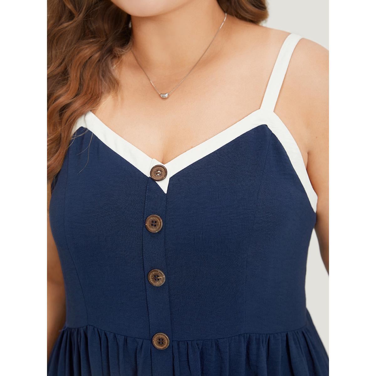 Plus Size Contrast Trim Pocket Button Detail Gathered Cami Dress Indigo Women Office Adjustable Straps Spaghetti Strap Sleeveless Curvy Midi Dress BloomChic 18-20/2X Product Image