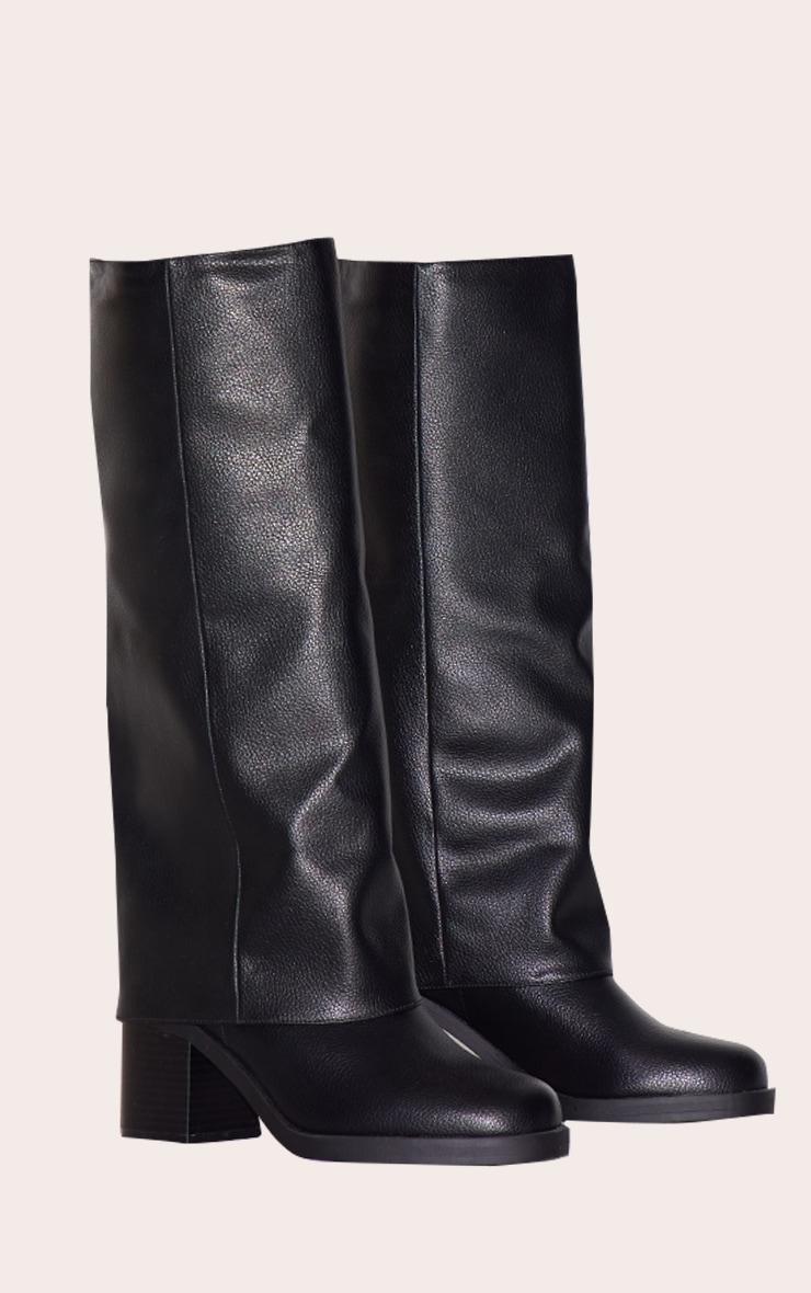 Black Pu Round Toe Fold Over Low Block Heel Boots Product Image