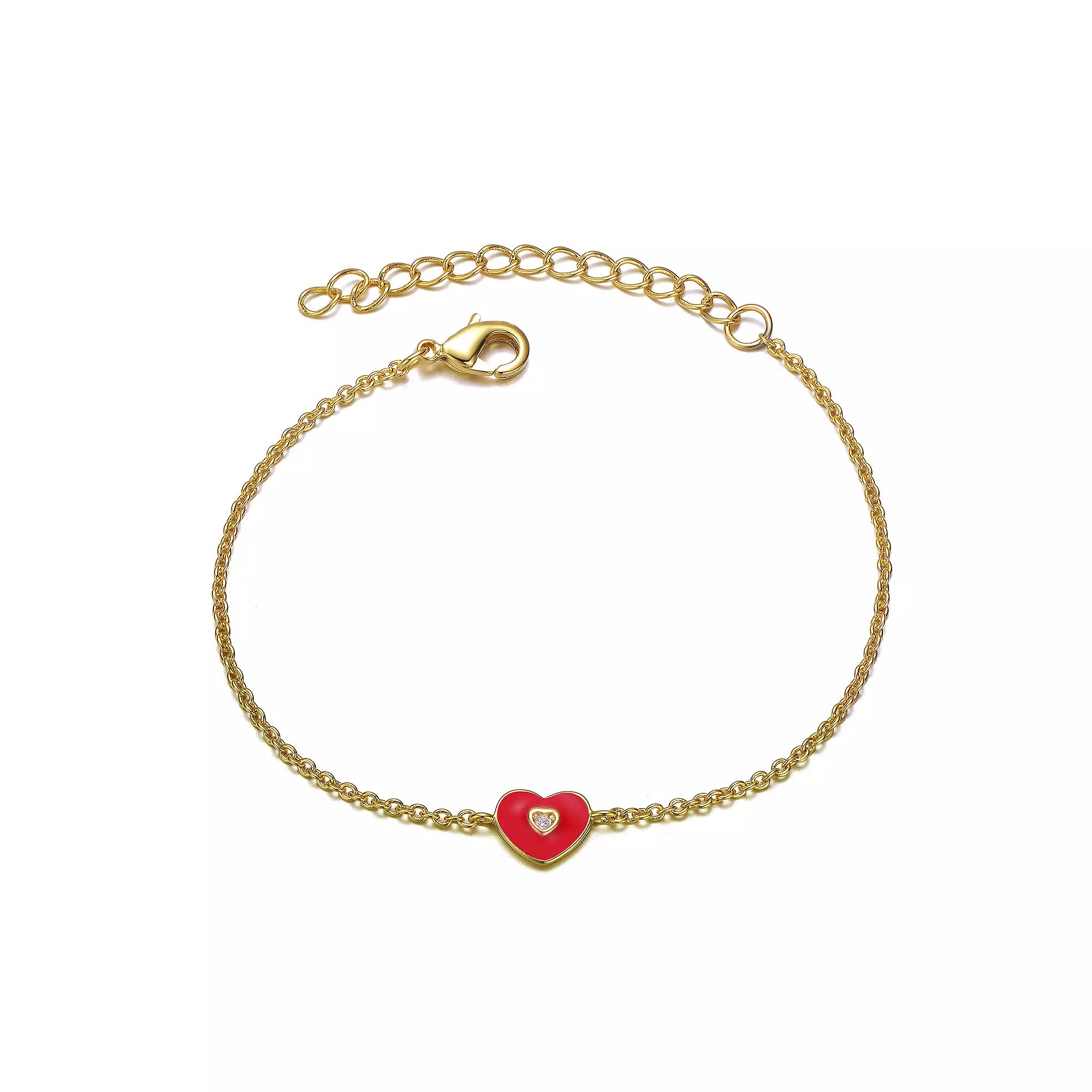Kids 14k Gold Plated Cubic Zirconia Enameled Heart Charm Bracelet, Womens Gold Tone Product Image