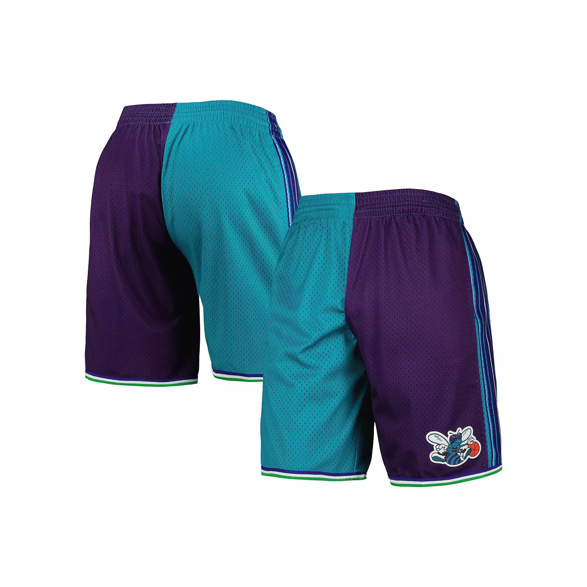 Men's Mitchell & Ness Teal/Purple Charlotte Hornets Hardwood Classics 1999 Split Swingman Shorts,  Product Image