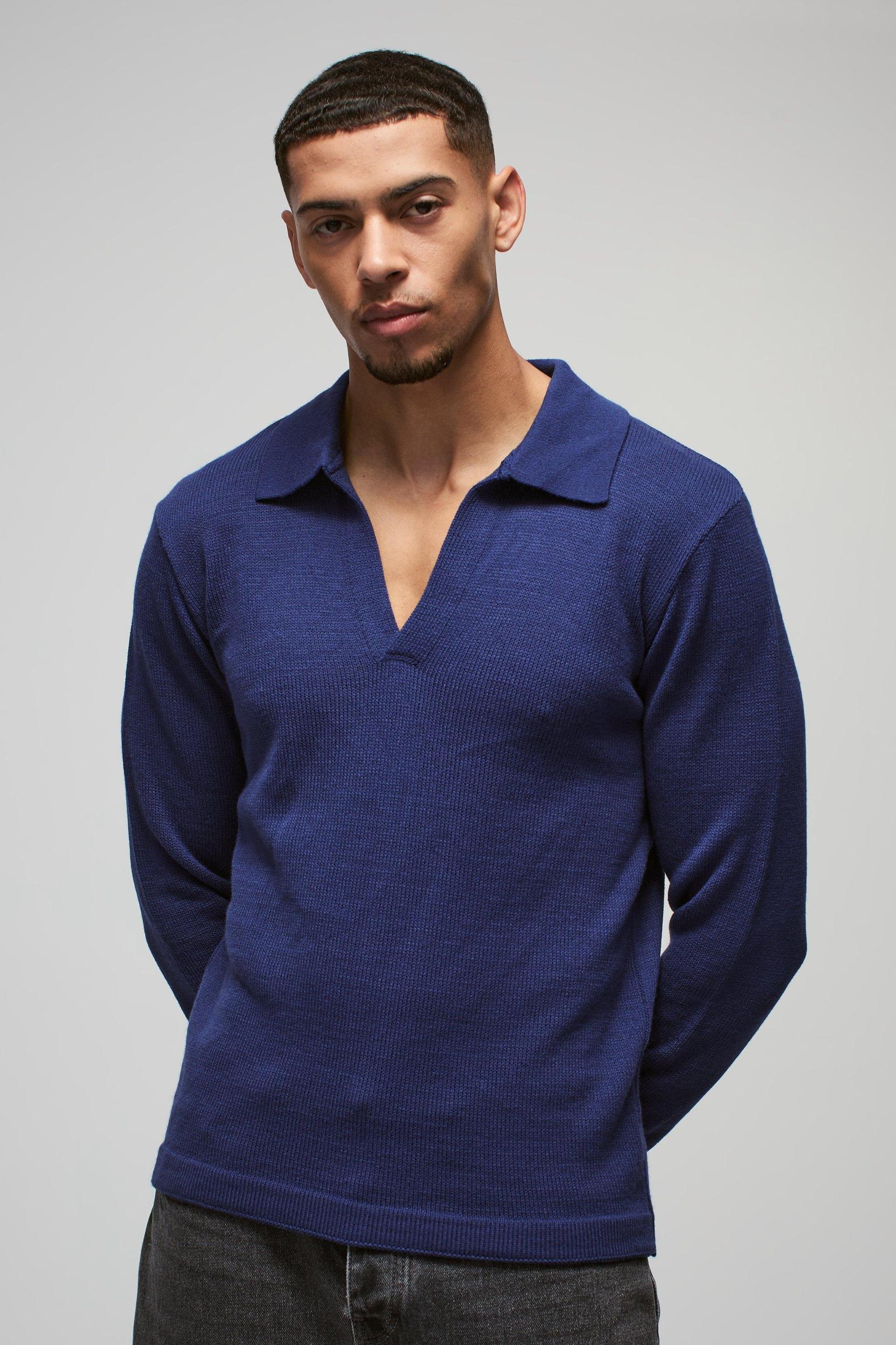 Regular Deep V Revere Collar Knitted Long Sleeve Polo | boohooMAN USA Product Image
