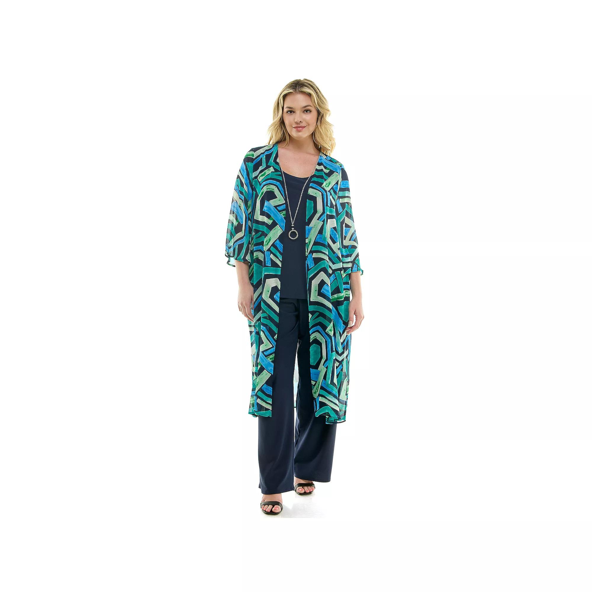 Plus Size Luxology 3-Piece Cardigan, Tank Top & Pant Set, Women's, Size: 3XL, Navy Turqoise Green Product Image