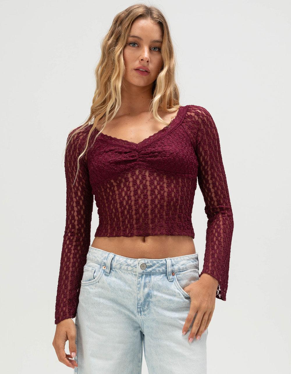 FULL TILT Womens Off The Shoulder Lace Top - BURGUNDY Product Image