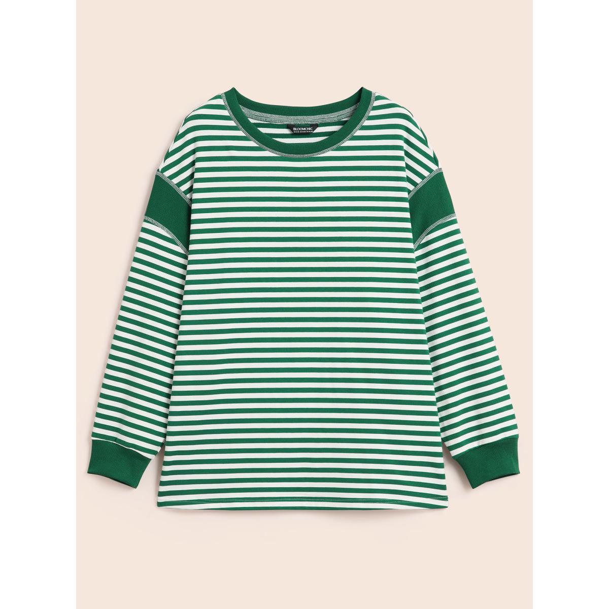 Plus Size Round Neck Striped Patchwork Stitch Sweatshirt Women Truegreen Casual Contrast Loose Round Neck Everyday Sweatshirts BloomChic 26/4X Product Image