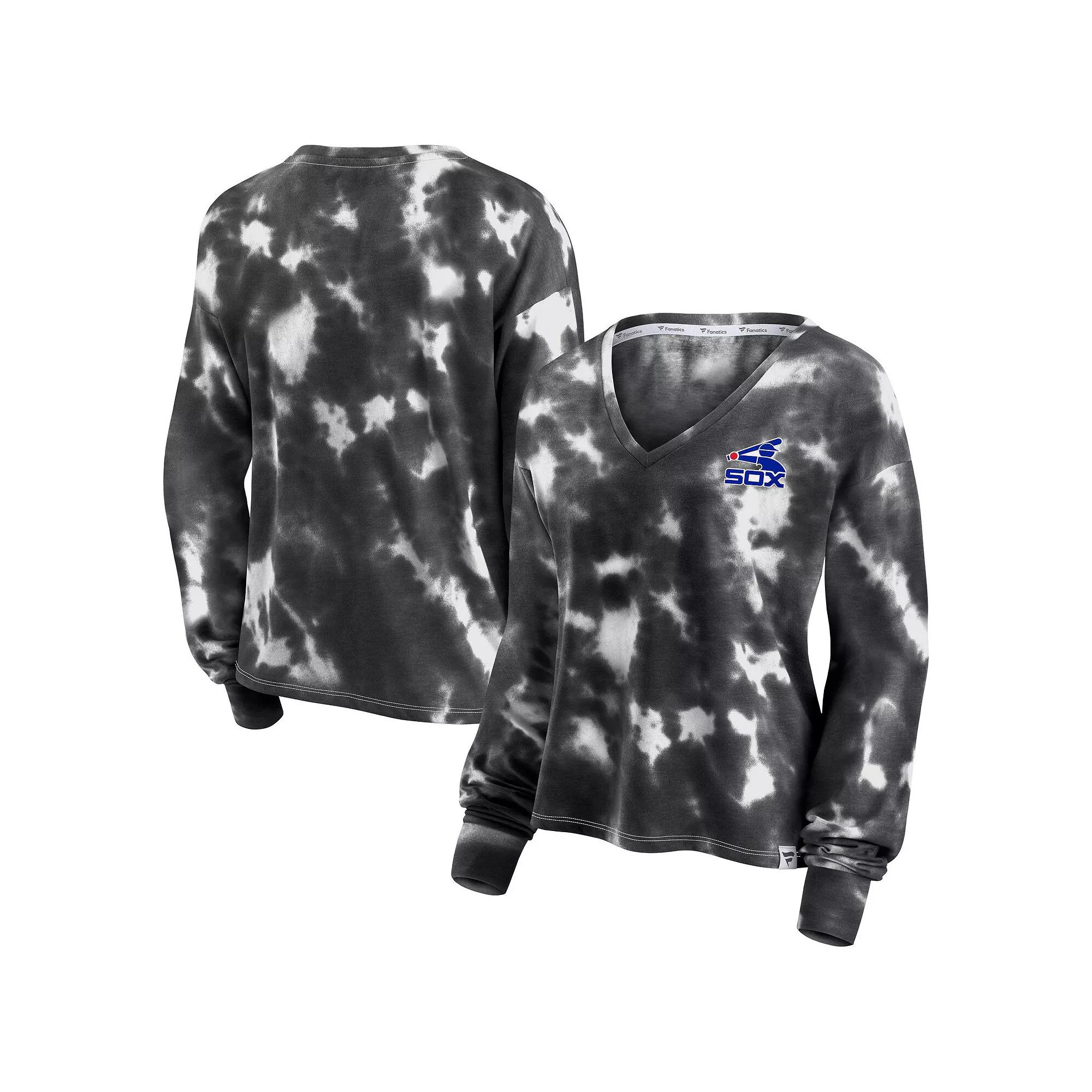Women's Fanatics Branded White/Black Chicago White Sox Tie-Dye V-Neck Pullover Cropped Tee,  Product Image