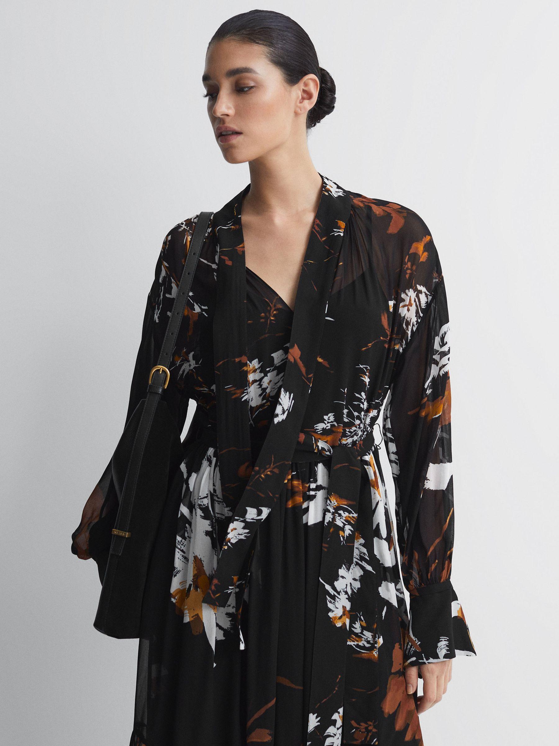 Floral Neck Tie Midi Dress in Black/Brown Product Image