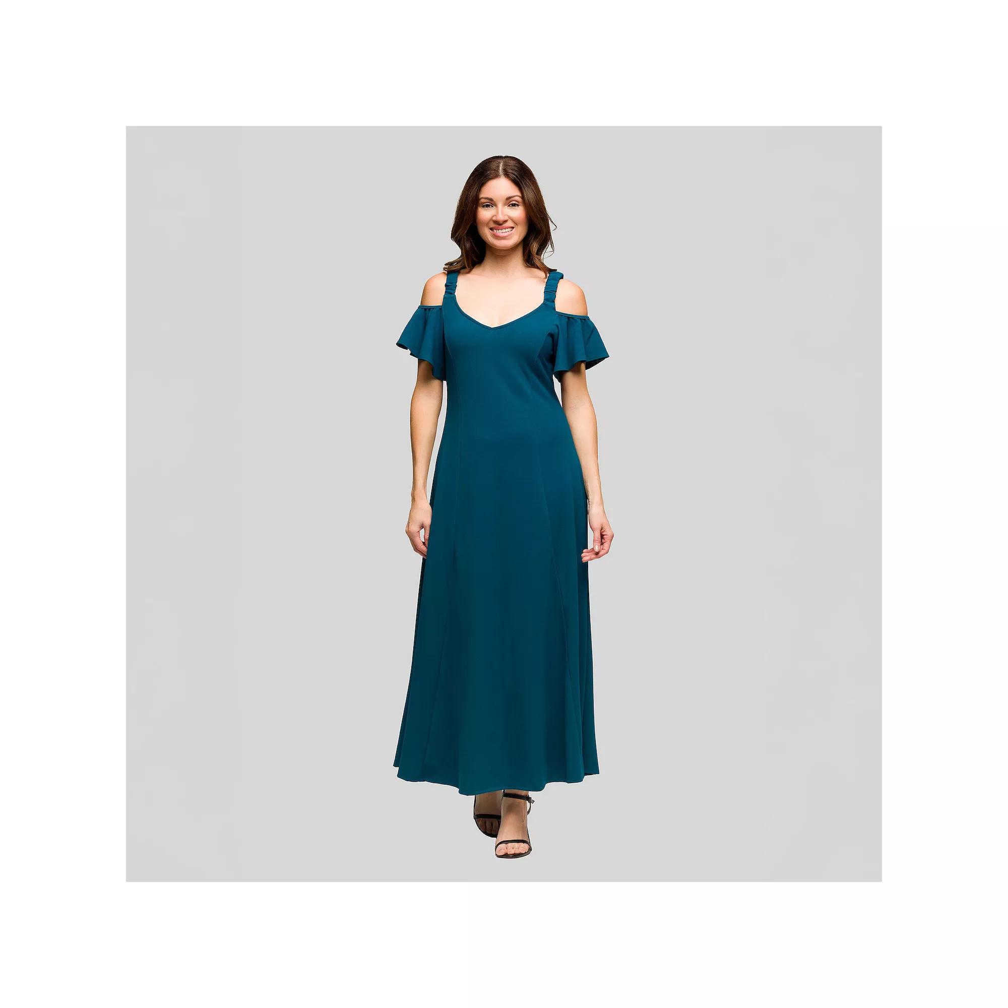 Women's 24Seven Comfort Apparel Cold Shoulder Ruffle Sleeve A-Line Maxi Dress,  Product Image