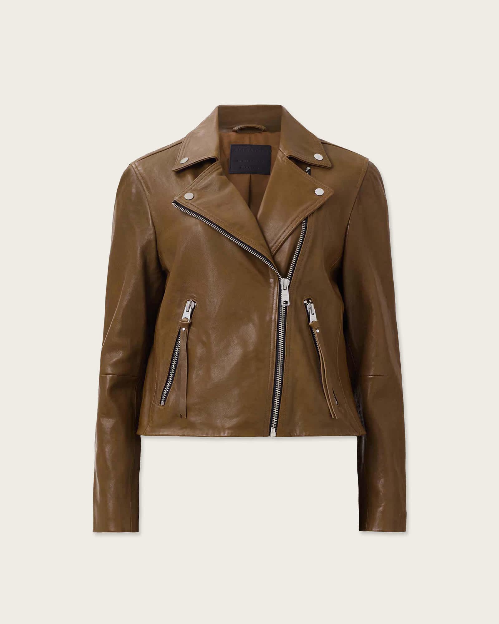 Dalby Slim Fit Leather Biker Jacket FANGO GREEN | ALLSAINTS US Product Image