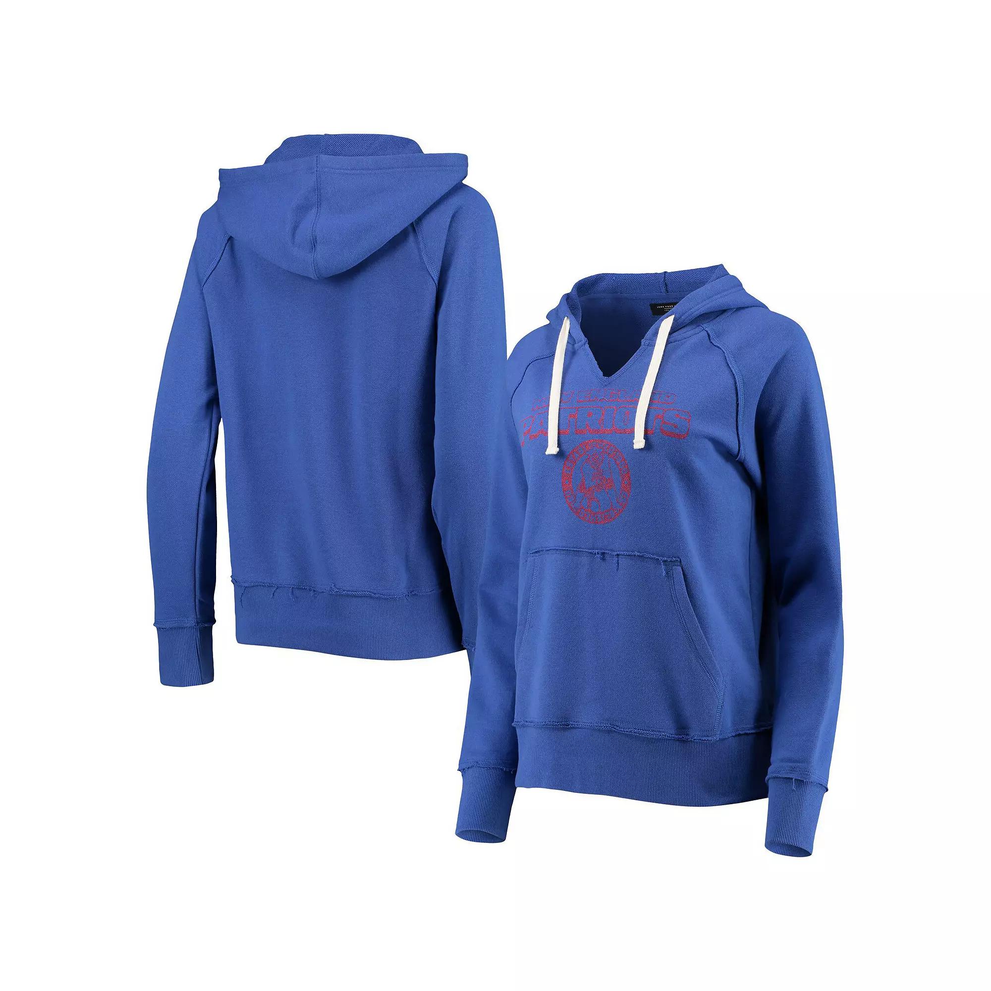 Women's Junk Food Royal New England Patriots Raw Edge Raglan Notch Neck Pullover Hoodie, Size: Small, Blue Product Image