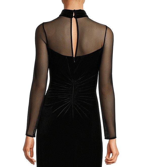 Eliza J Mock Neck Mesh Stretch Velvet Side Ruched Long Illusion Sleeve Keyhole Back Gown Product Image