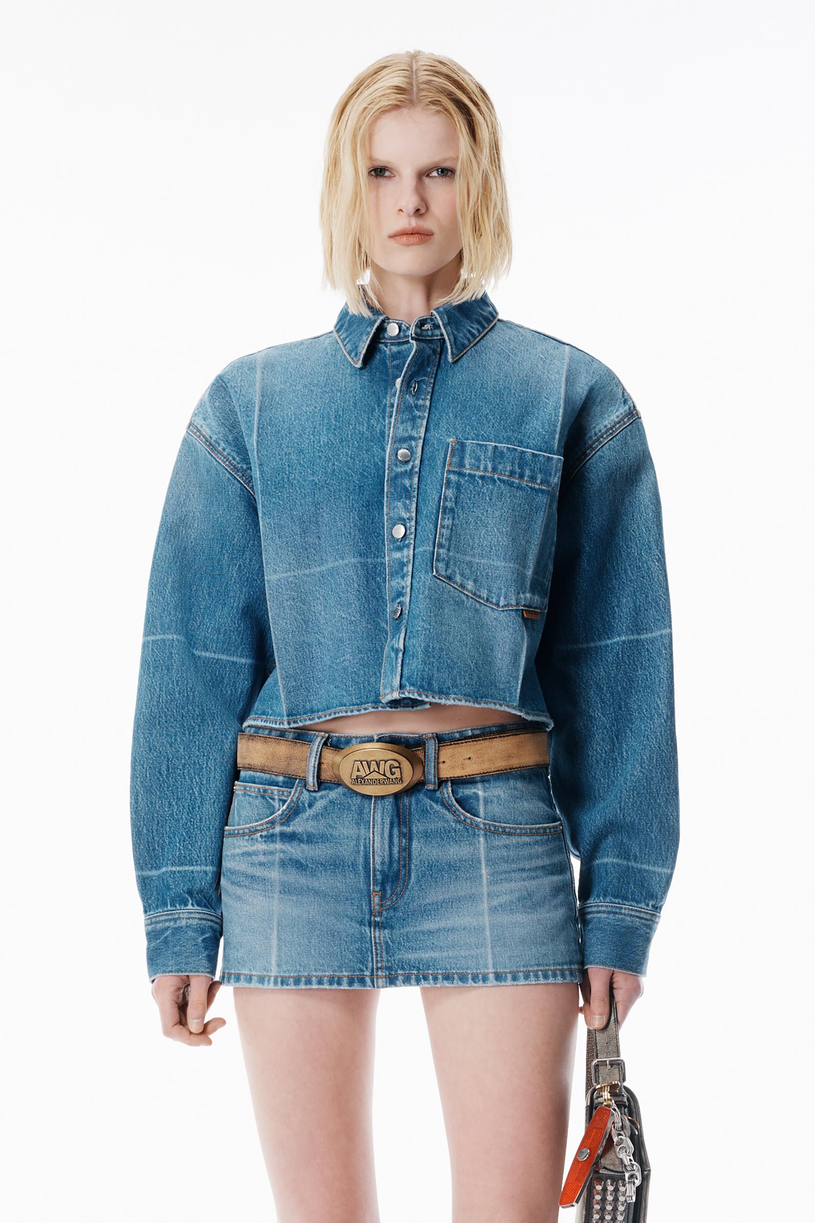 Vintage-effect Marbled Blue Denim Cropped Shirt Product Image