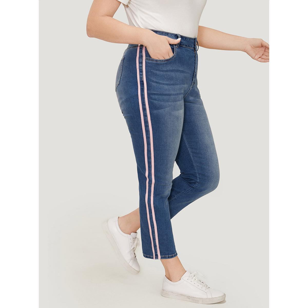 Plus Size Very Stretchy Medium Wash Contrast Striped Jeans Women Blue Casual Plain Patchwork High stretch Pocket Jeans BloomChic 10/M Product Image