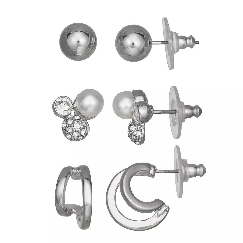 Simply Vera Vera Wang 3-Piece Simulated Pearl Stud Earring Set, Women's, Silver Tone Product Image