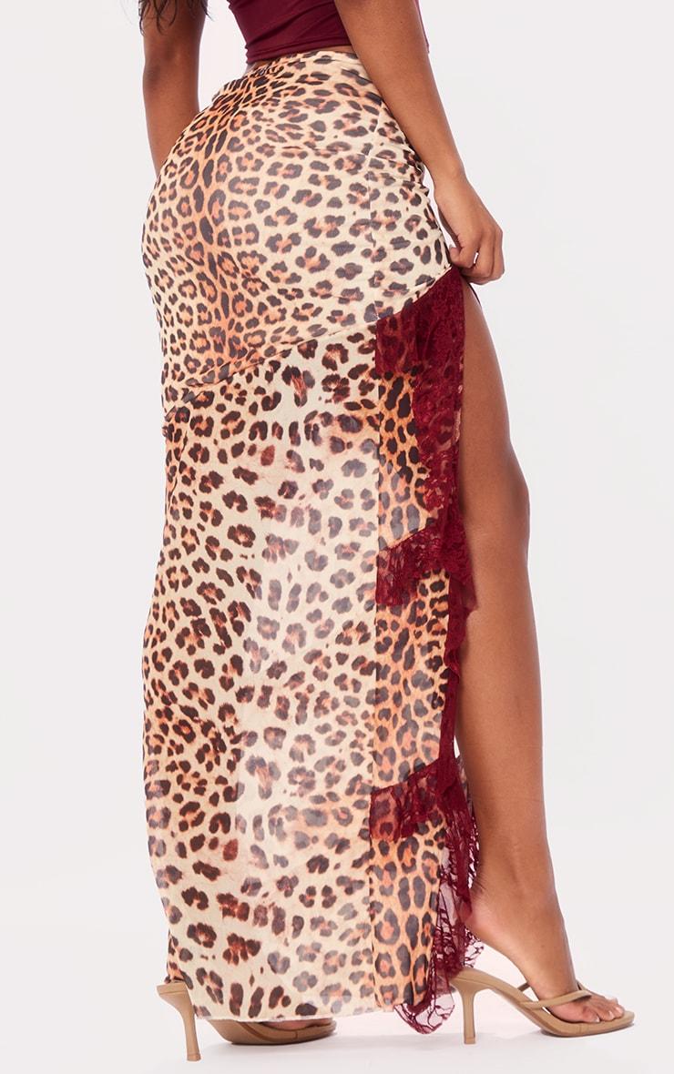Burgundy Leopard Print Lined Mesh Thigh Split Lace Trim Maxi Skirt Product Image