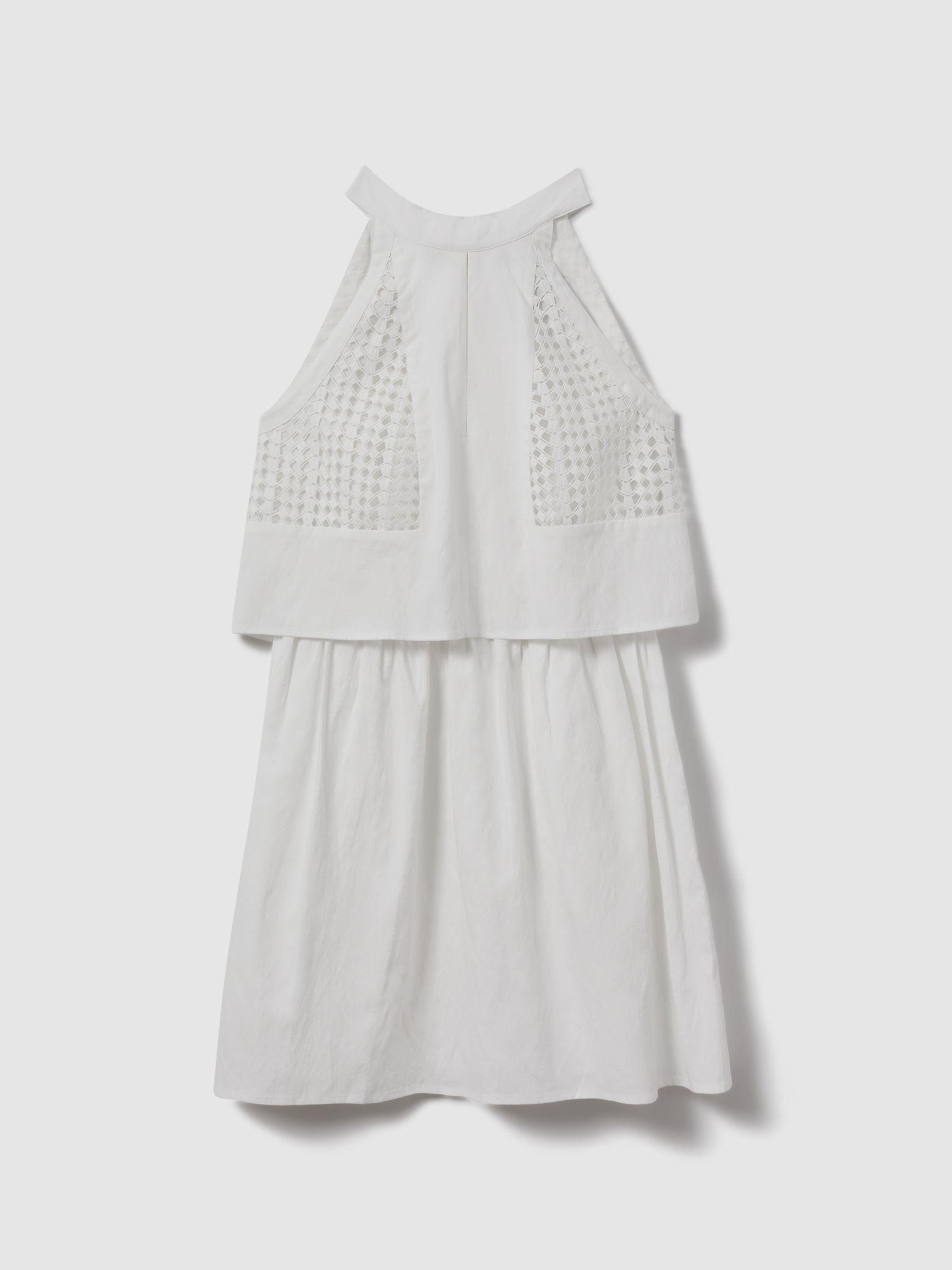 Broderie Halter Neck Mini Dress With Linen in White Product Image