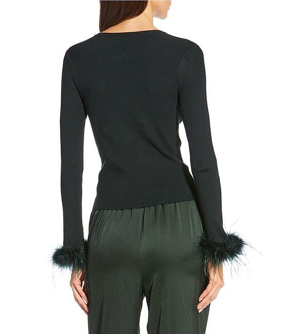 Gianni Bini Farrah Feather Trim Crewneck Long Sleeve Sweater Cardigan Product Image