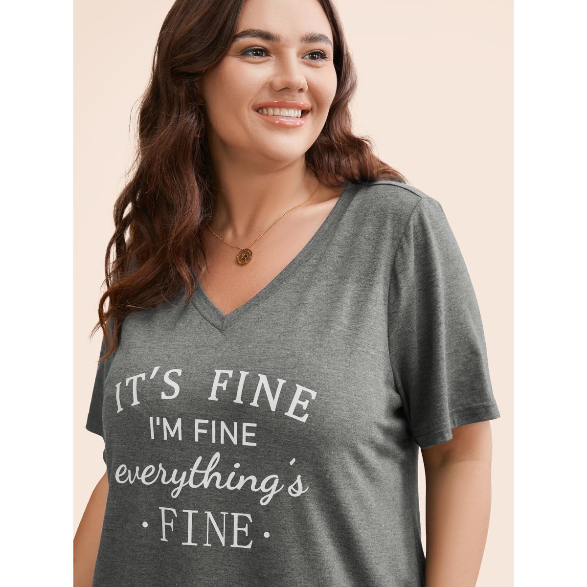 Plus Size Letter Print V Neck T-shirt DimGray Women Casual Positive slogan Dailywear T-shirts BloomChic 18-20/2X Product Image