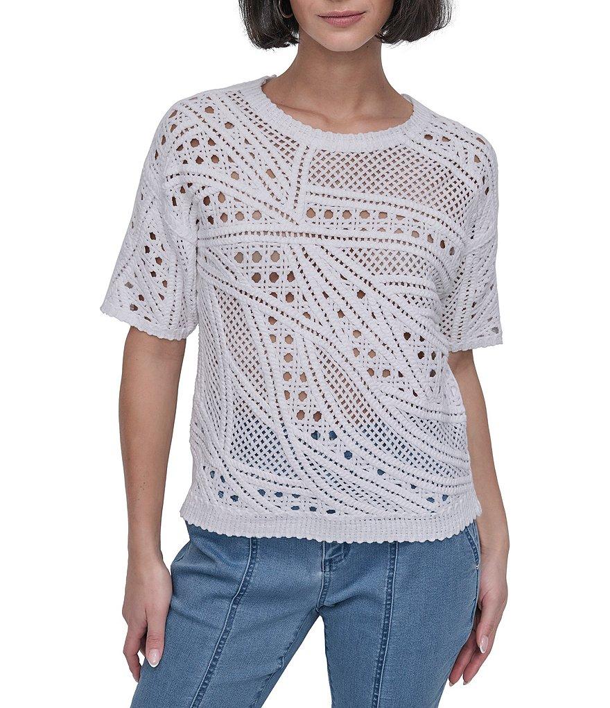 DKNY By Donna Karan Cotton Crochet Crew Neck Short Sleeve Top Product Image