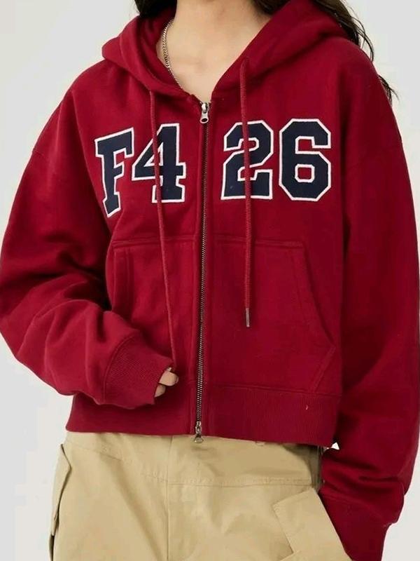 Number Embroidery Double Zipper Short Oversized Hoodie Product Image