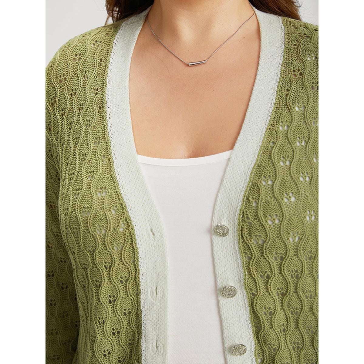 Plus Size Two Tone Patchwork Cut Out Button Down Cardigan Olive Women Casual Loose Long Sleeve Work Cardigans BloomChic 18-20/2X Product Image