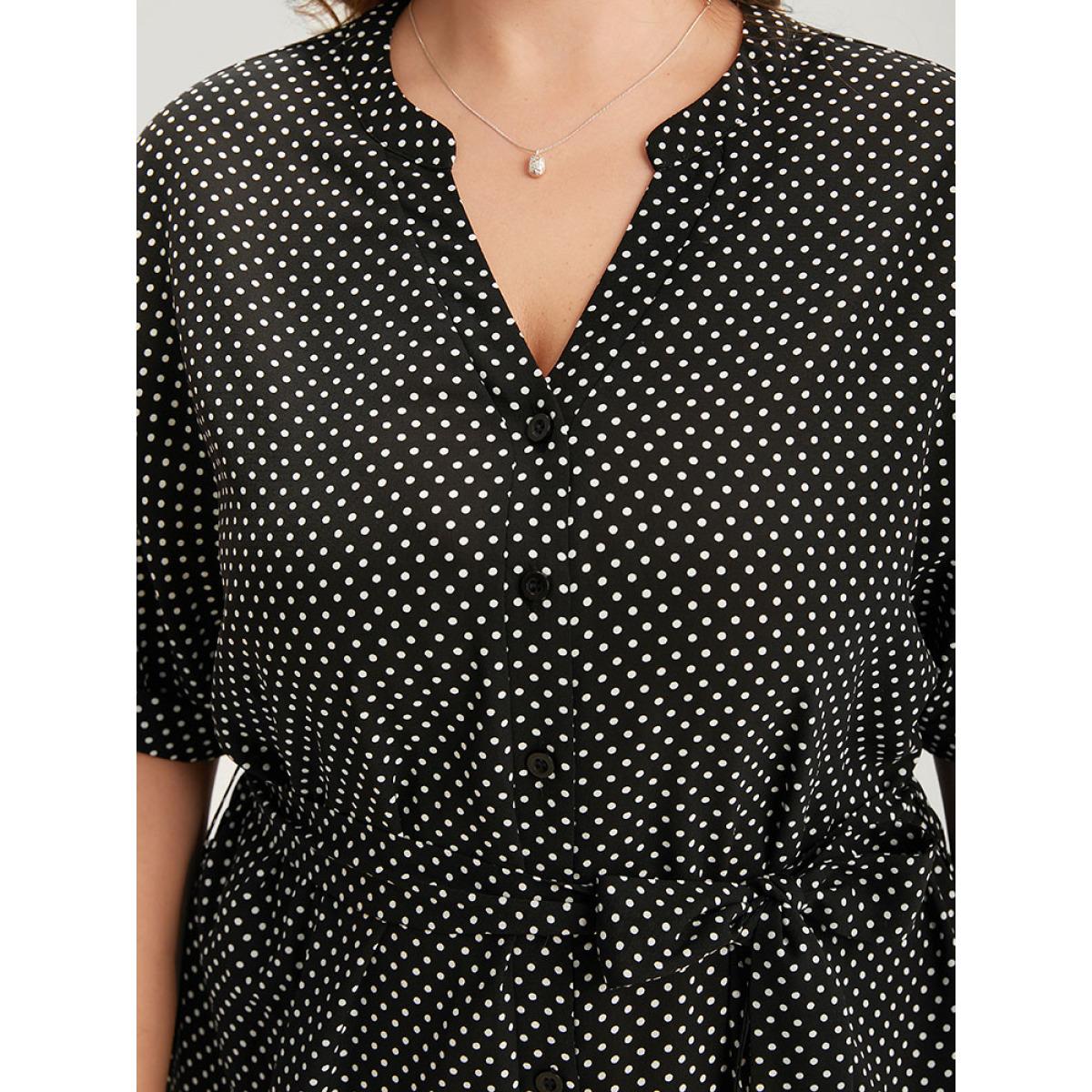 Plus Size Polka Dot Notched Split Hem Button Through Roll Sleeve Dress BlackFlower Women Office Belted Notched collar Short sleeve Curvy Midi Dress BloomChic 14-16/1X Product Image