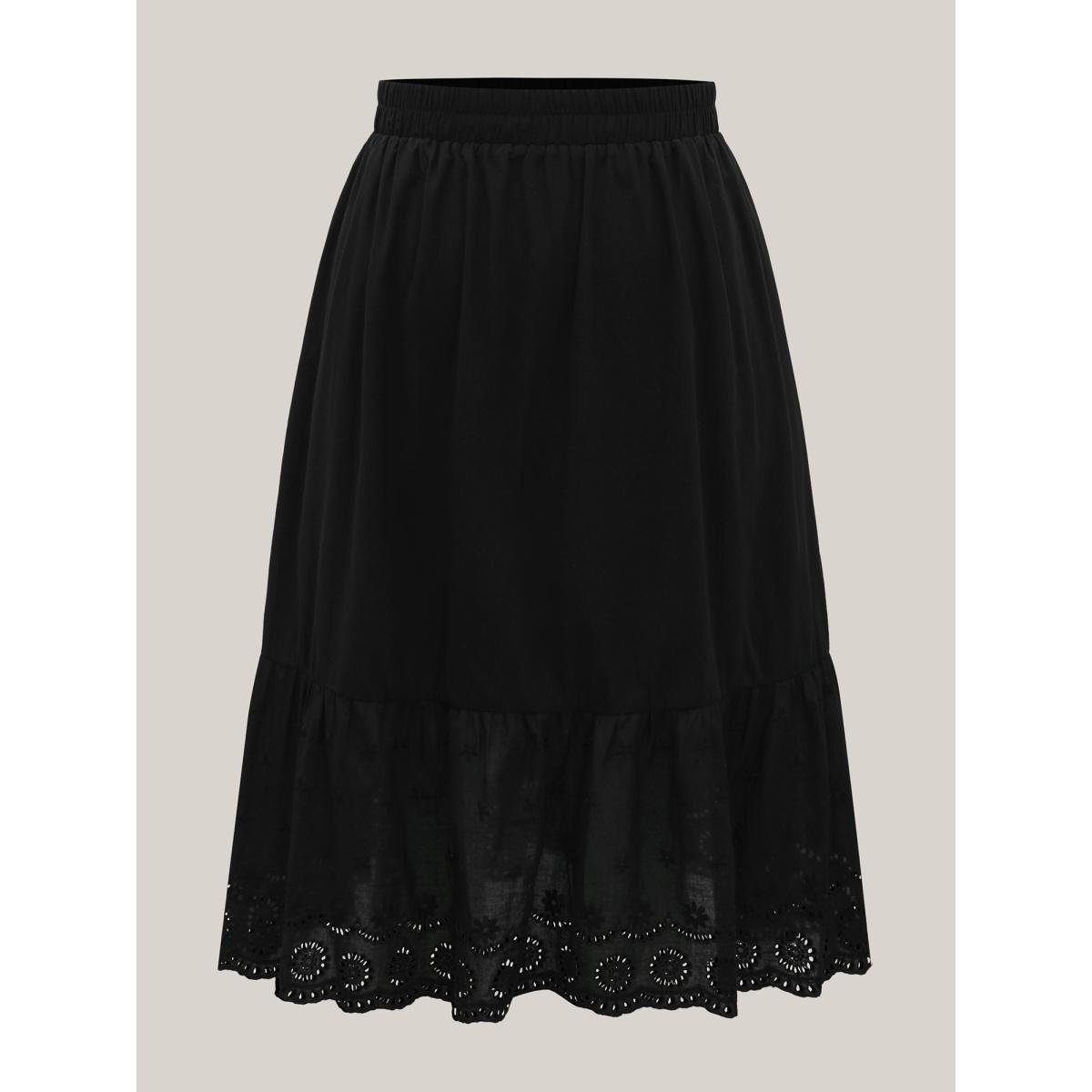Plus Size Cotton Embroidered Lace Tiered Hem Skirt Women Black Elegant Gathered Bodycon Low stretch Slanted pocket Everyday-Elegant Skirts BloomChic 22-24/3X Product Image