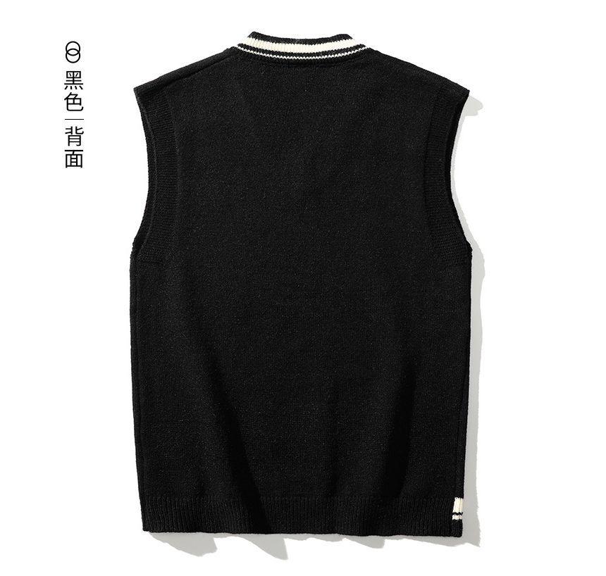 V-Neck Lettering Embroidery Contrast Trim Loose-Fit Sweater Vest Product Image