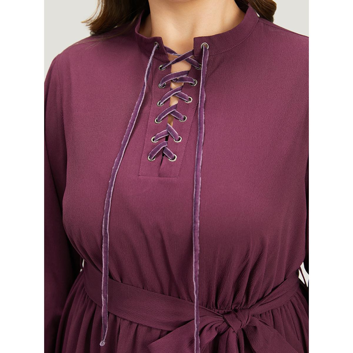 Plus Size Halloween Plain Lantern Sleeve Belted Lace Up Asymmetrical Hem Dress Purple Women Office Elastic cuffs Tie Neck Long Sleeve Curvy Knee Dress BloomChic 30/6X Product Image