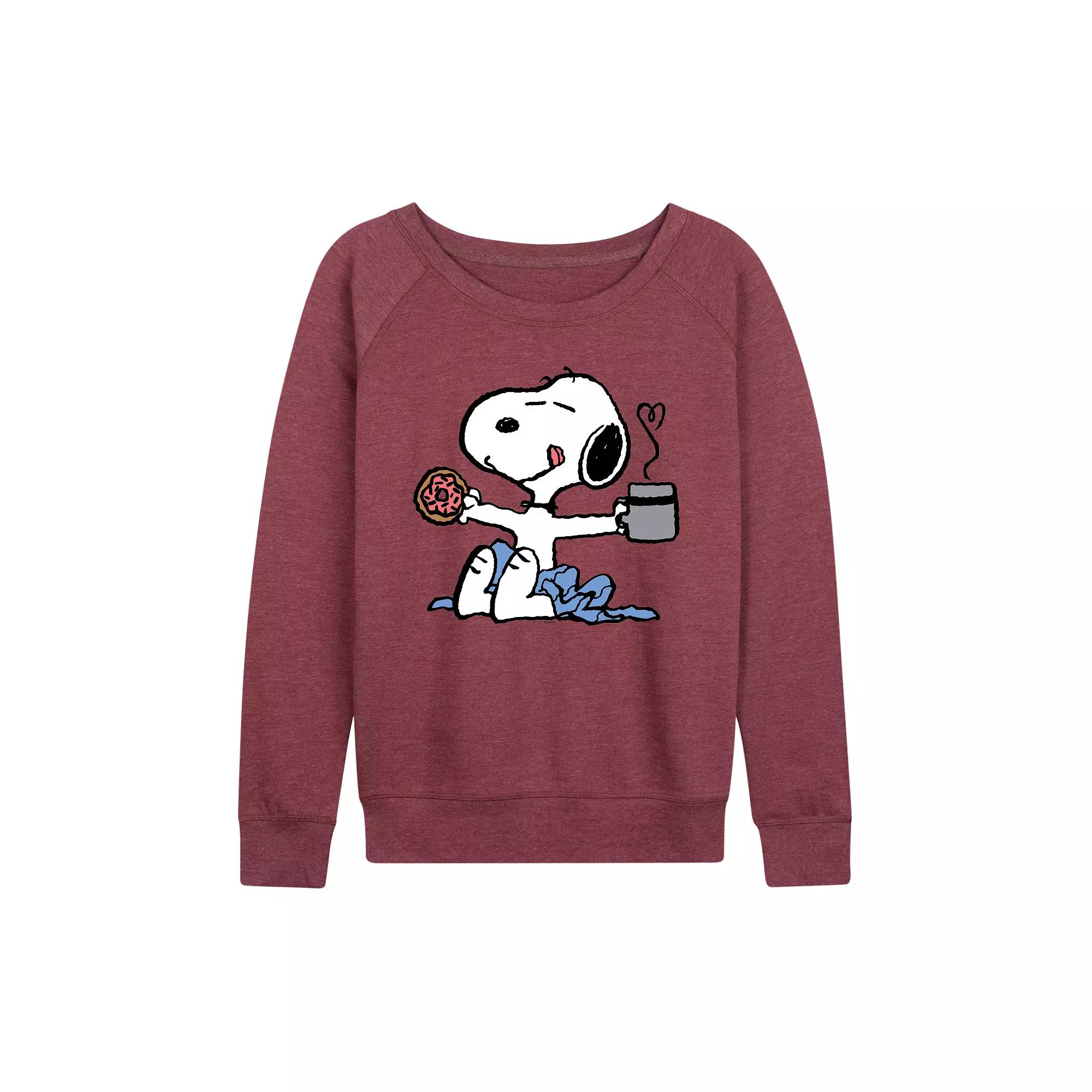 Women's Peanuts Donut Coffee Snoopy French Terry Long Sleeve Tee, Girl's,  Product Image