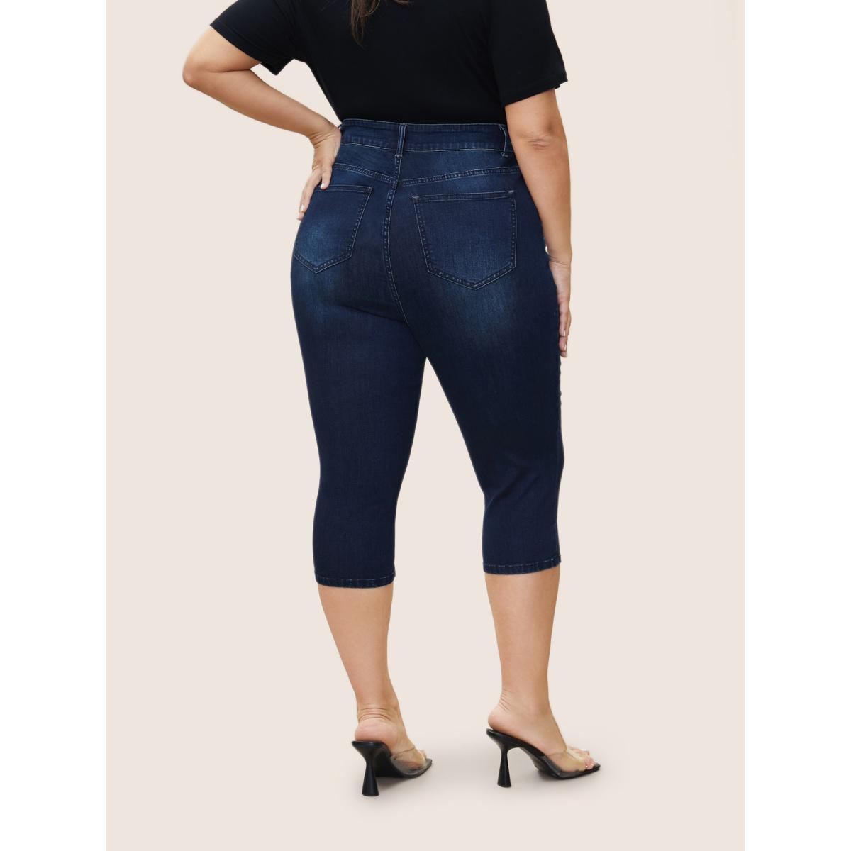 Plus Size Dark Wash Below The Knees Pocket Jeans Women Indigo Casual Plain Button High stretch Slanted pocket Jeans BloomChic 14/1X Product Image