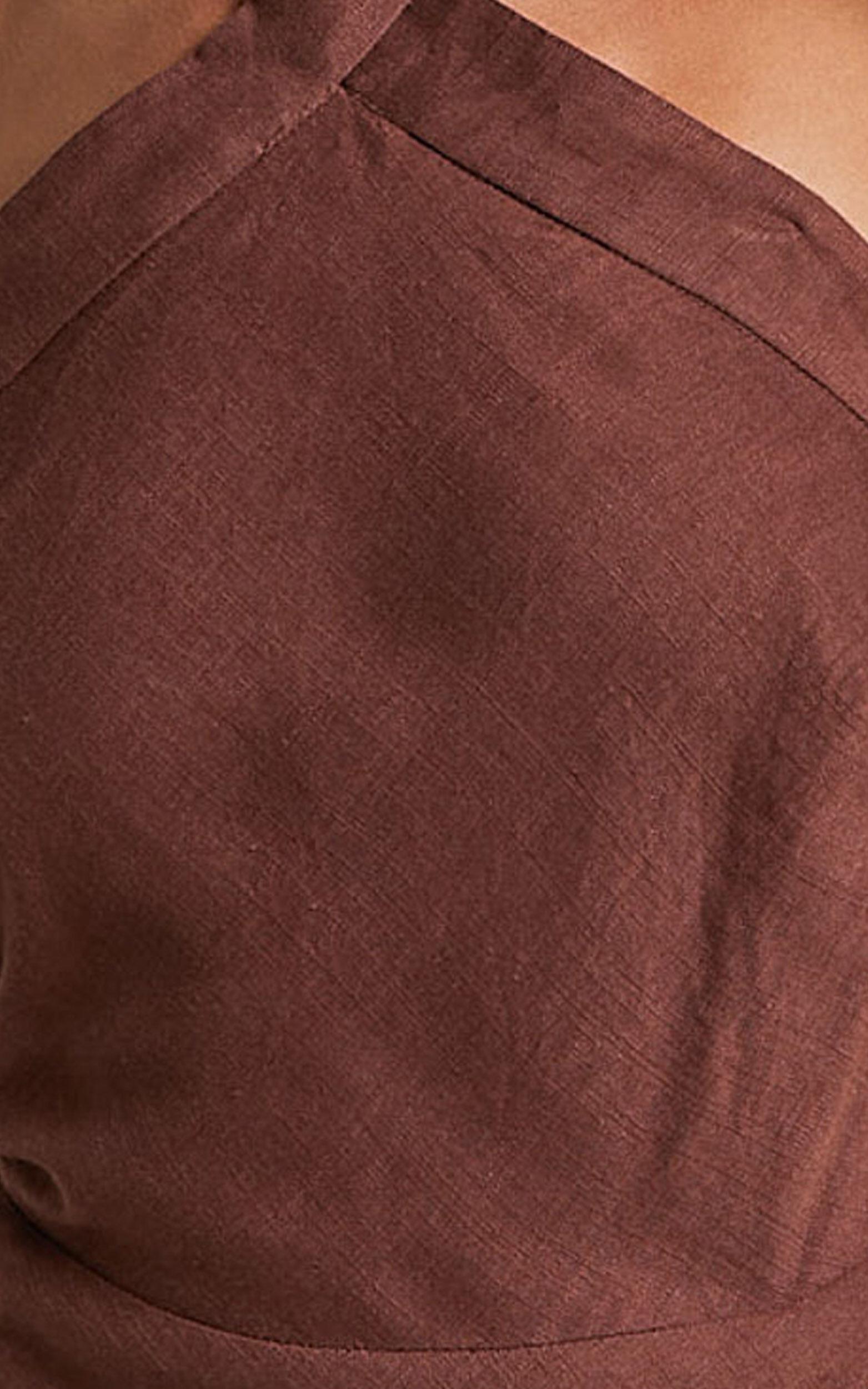 Maelynn Midi Dress - Linen Twist Halter Neck Low Back Slip Dress in Chocolate Product Image