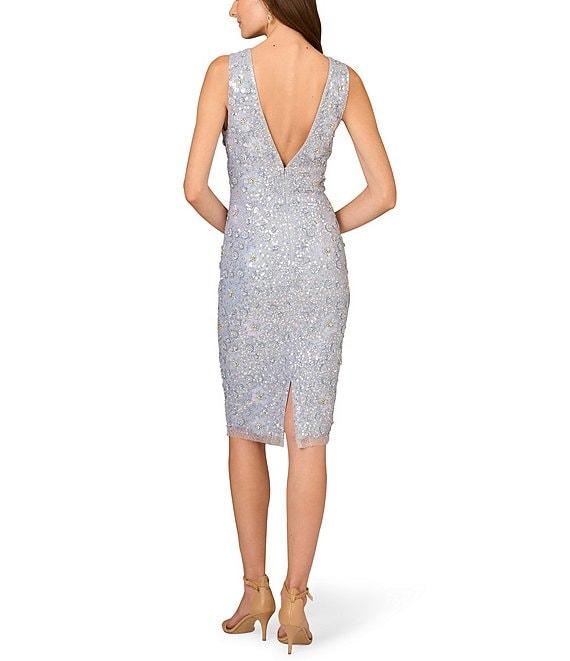 Aidan Mattox Beaded Mesh Plunge V-Neck Sleeveless Cocktail Sheath Dress Product Image