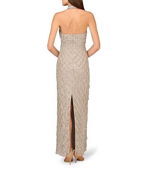 Aidan Mattox Beaded Mesh Halter Neck Sleeveless Column Dress Product Image