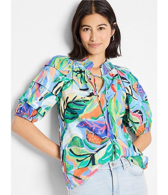 NIC + ZOE Island Tropical Beat Smocked Neck Pleated Short Puff Sleeve Top Product Image