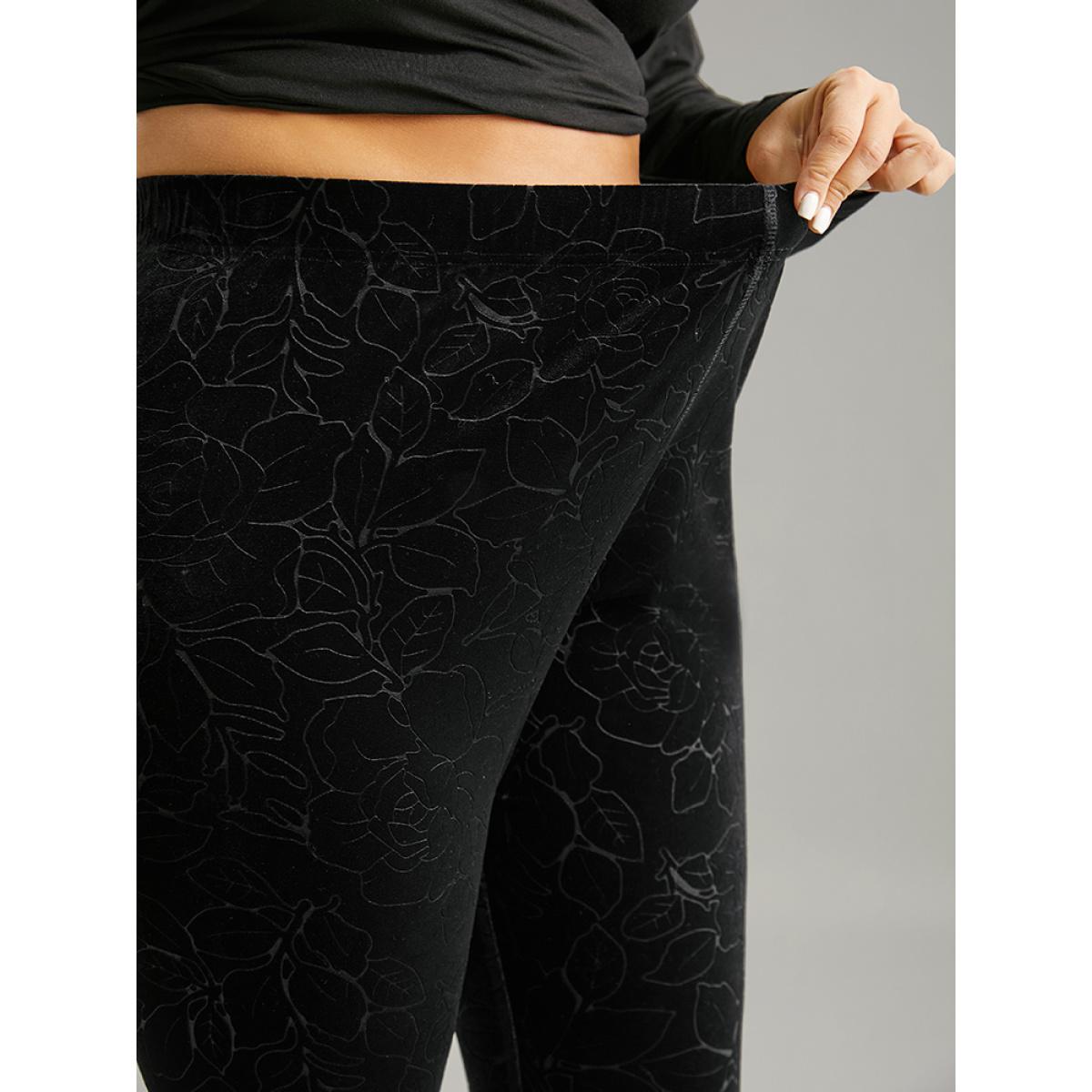 Plus Size Velvet Silhouette Floral Print High Rise Leggings Women Black Elegant High stretch Skinny High Rise Dailywear Leggings BloomChic 26/4X Product Image