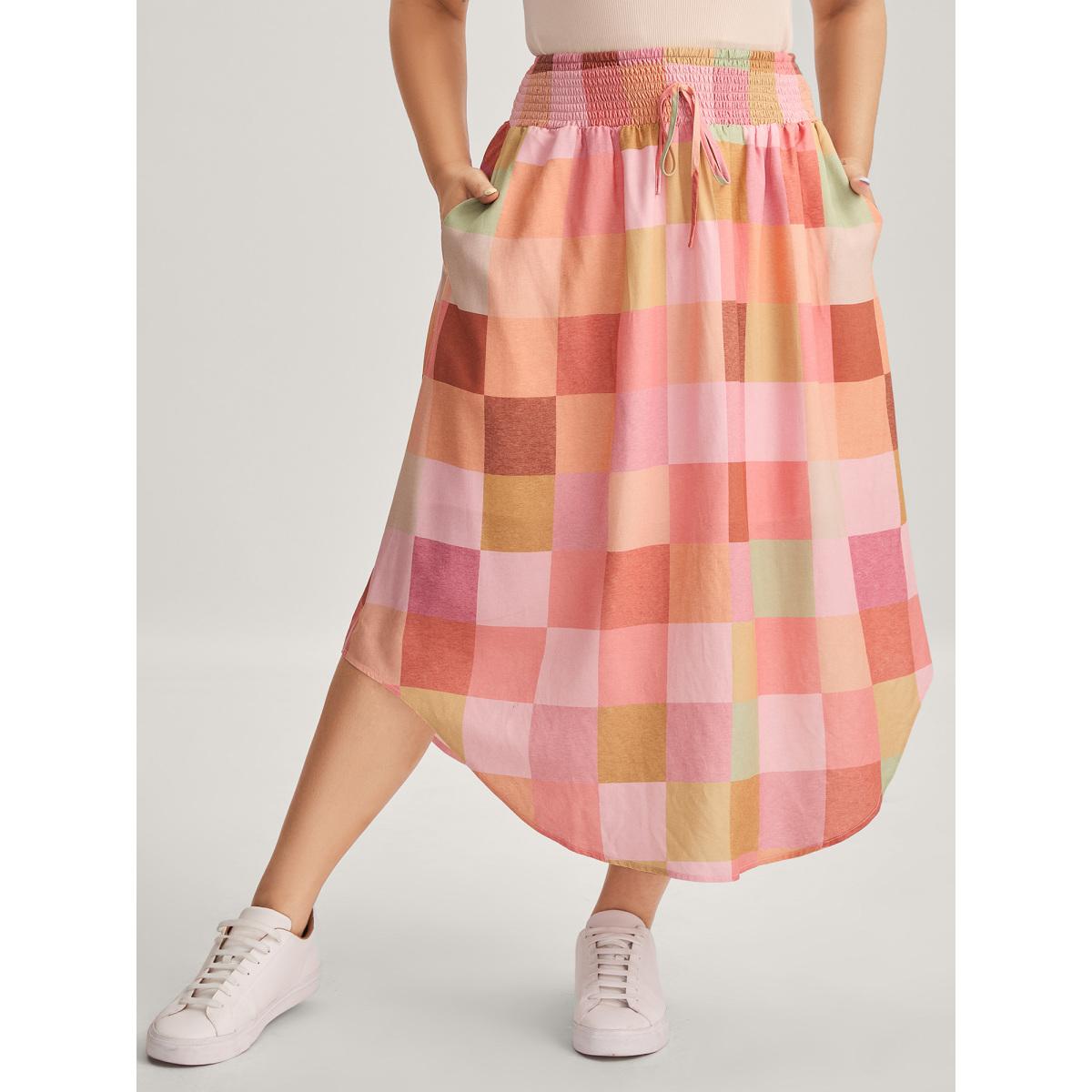 Plus Size Colorful Patchwork Shirred Waist Midi Skirt Women Nudepink Loose No stretch Side seam pocket Vacation Skirts BloomChic 18-20/2X Product Image