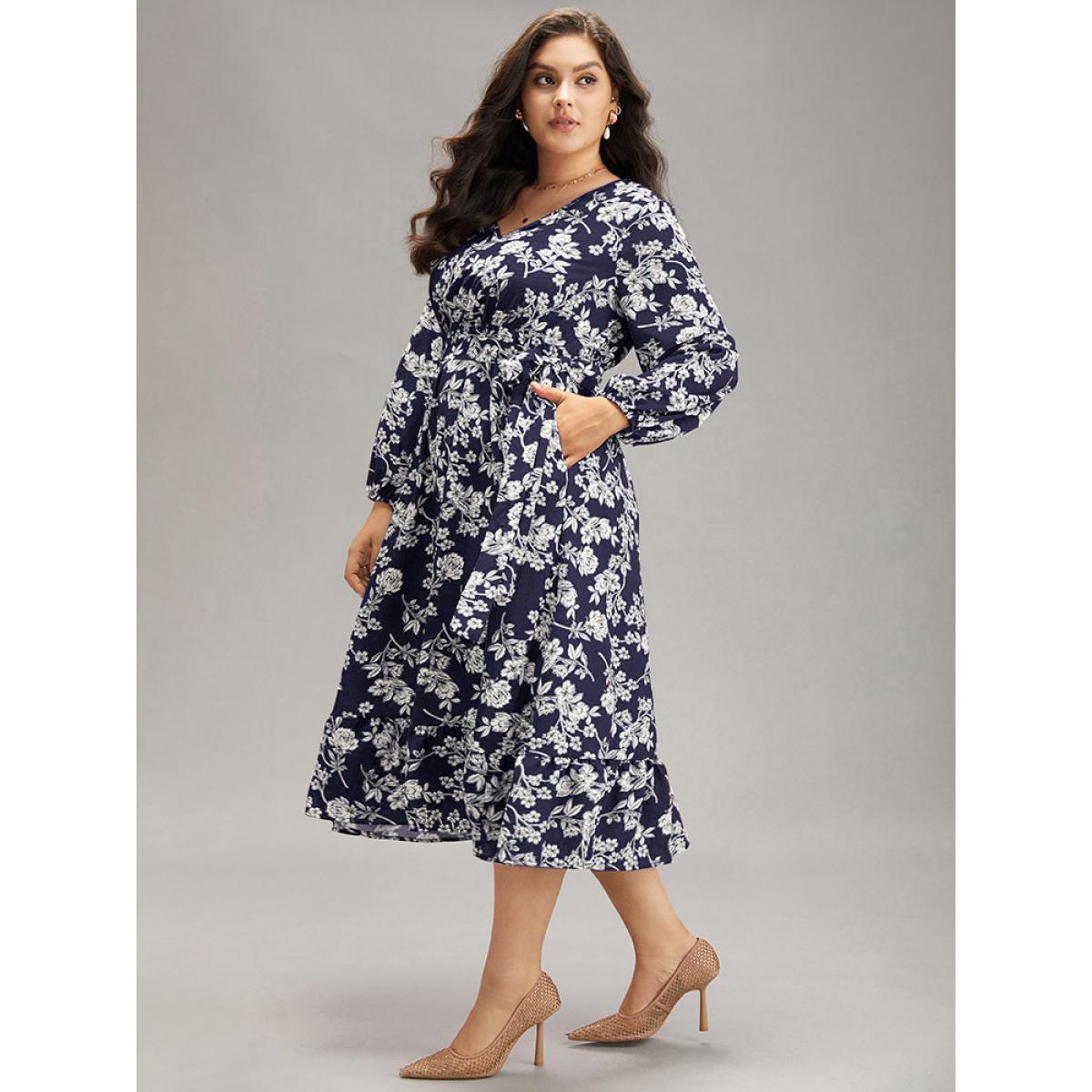 Plus Size Floral Print Elastic Cuffs Ruffle Hem Dress DarkBlue Women Elegant Elastic cuffs V-neck Long Sleeve Curvy Midi Dress BloomChic 10/M Product Image