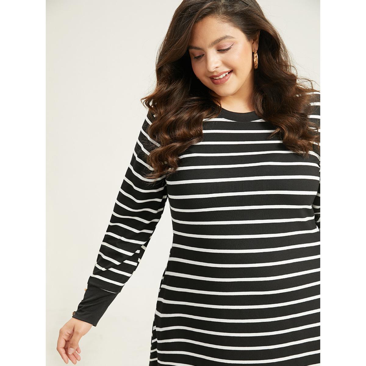 Plus Size Rib Knit Striped Button Detail Patchwork Dress Black Women Casual Printed Round Neck Long Sleeve Curvy Midi Dress BloomChic 30/6X Product Image