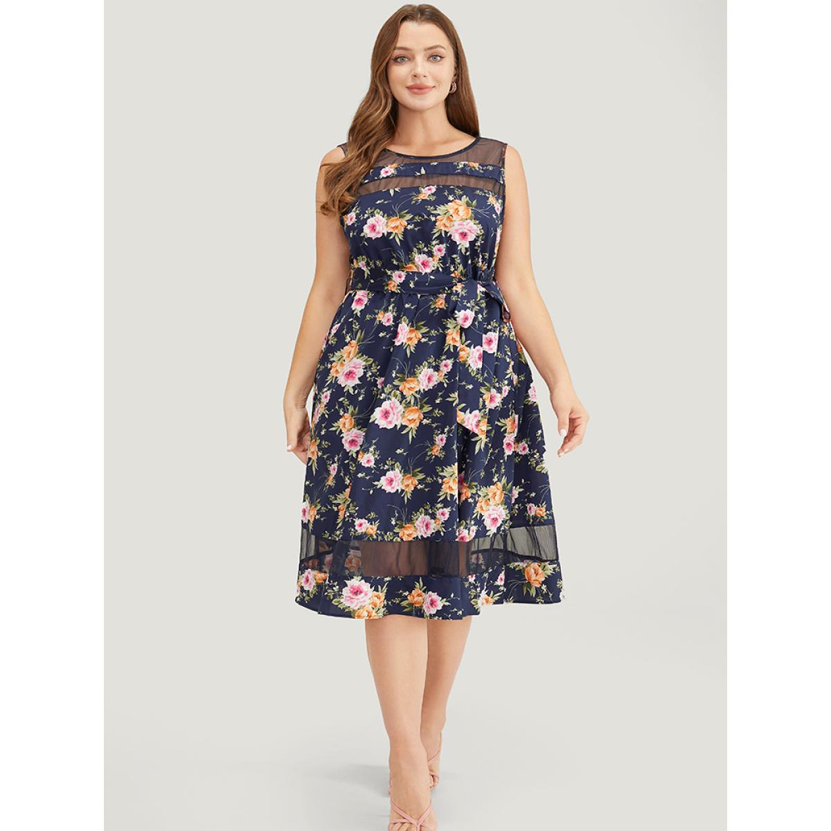 Plus Size Floral Pocket Belted Mesh Insert Flutter Hem Tank Dress Multicolor Women Elegant Belted Round Neck Sleeveless Curvy Knee Dress BloomChic 28/5X Product Image