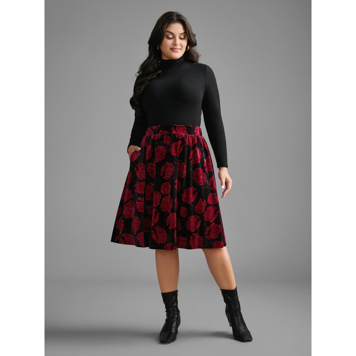 Plus Size Velvet Floral Elastic Waist Skirt Women BlackFlower Elegant Loose Low stretch Side seam pocket Everyday Skirts BloomChic 18-20/2X Product Image