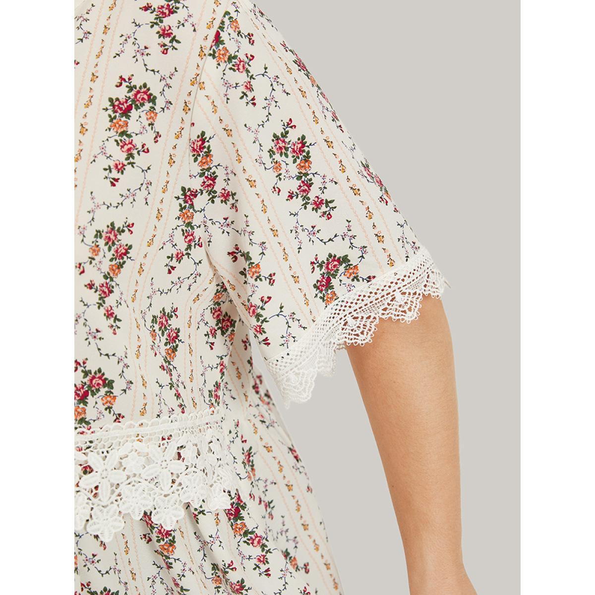 Plus Size White Ditsy Floral Lace Panel Elastic Waist Blouse Women Elegant Short sleeve Round Neck Dailywear Blouses BloomChic 14-16/1X Product Image