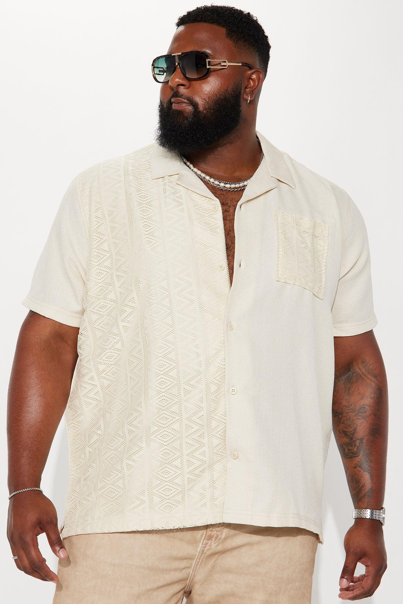Half Crochet Pattern Short Sleeve Button Up Shirt - Cream Product Image
