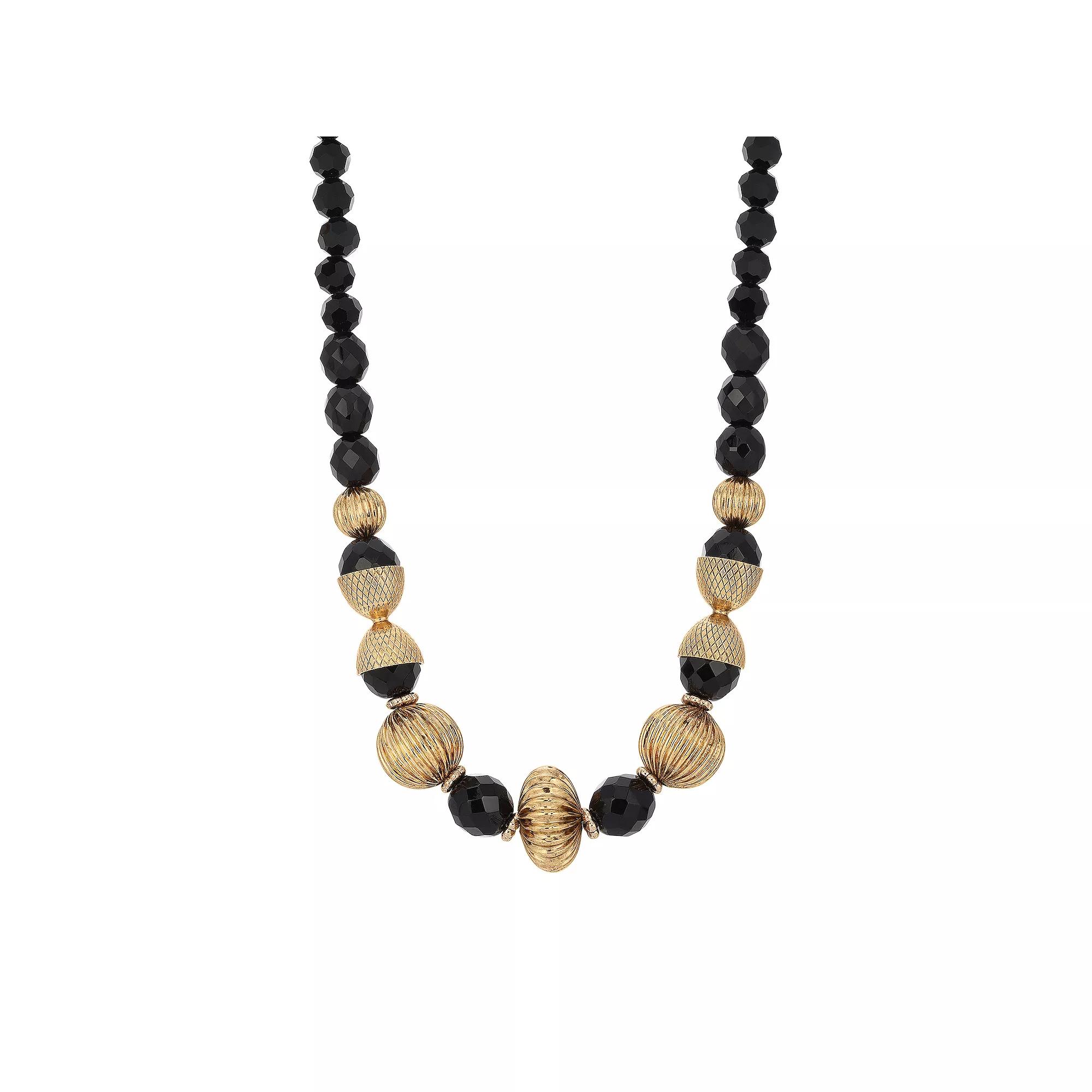 1928 Gold Tone Black Acrylic Bead Necklace, Womens Product Image