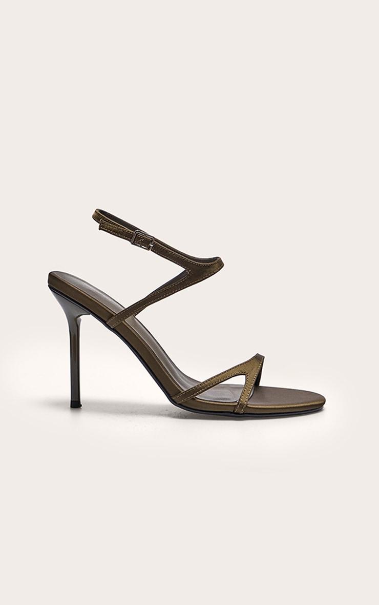 Olive Satin Round Toe Asymmetric Strap High Stiletto Heeled Sandals Product Image